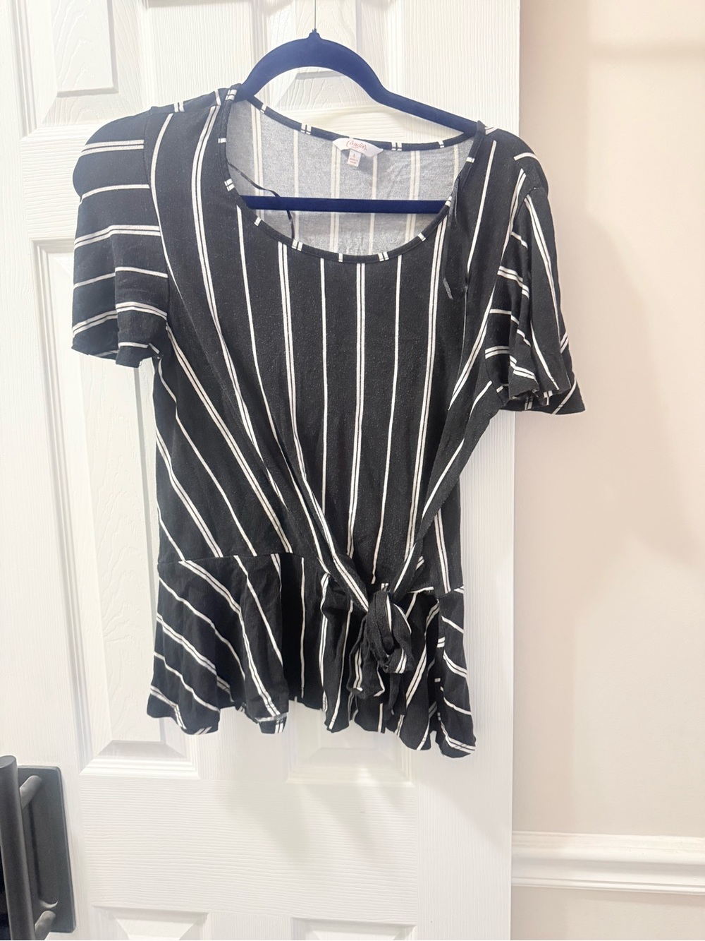Candie's Black and White Striped Tie-Front Peplum Tunic